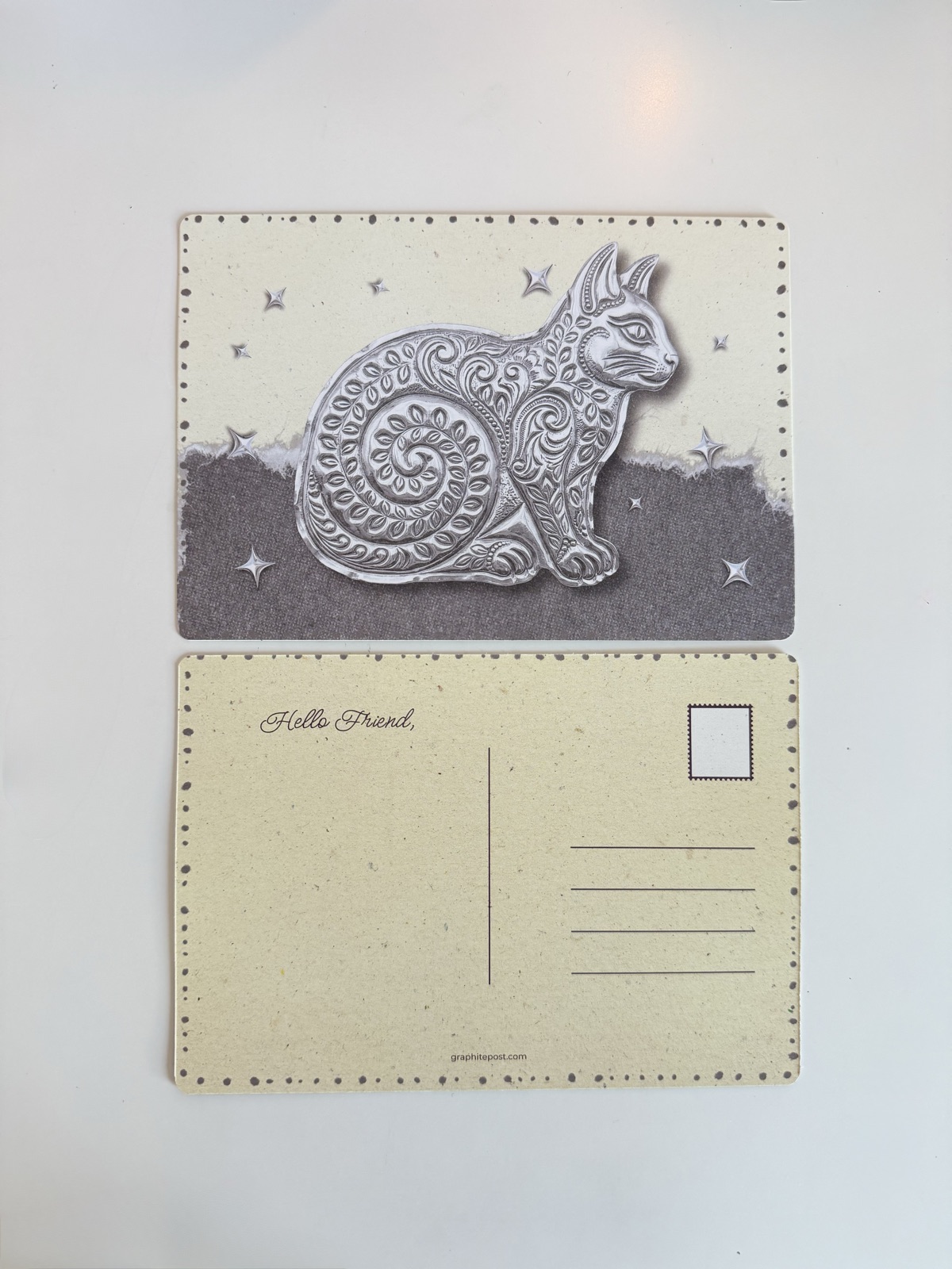 Graphite Post cat collection — ornate cat postcard, front and back