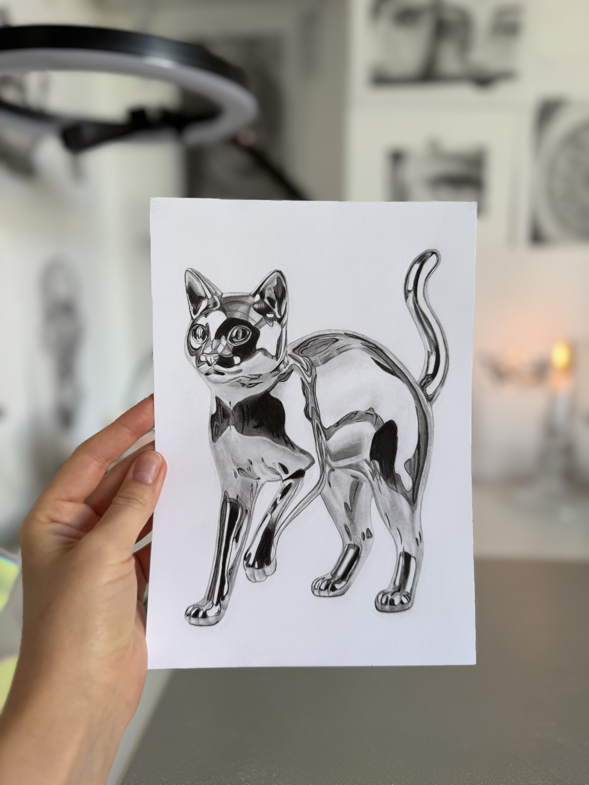 Hand holding a Graphite Post cat collection print in the studio