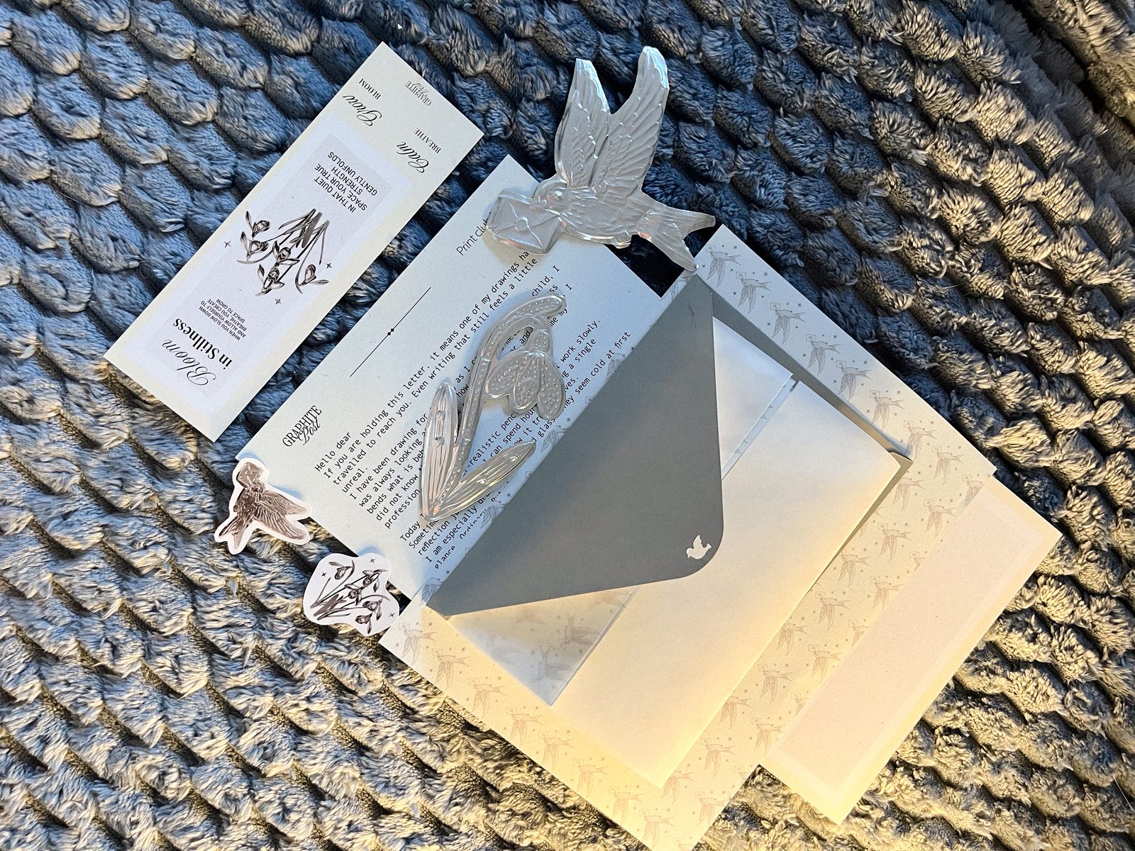 Snowdrop collection, bookmark, letter, envelope and stickers on a soft grey fleece