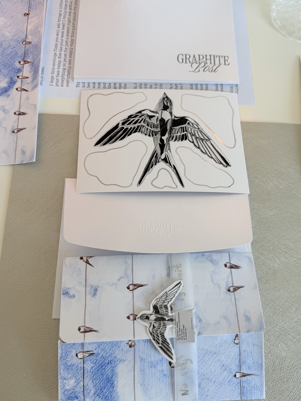 Graphite Post swallow collection — envelope, print and sticker vertical spread